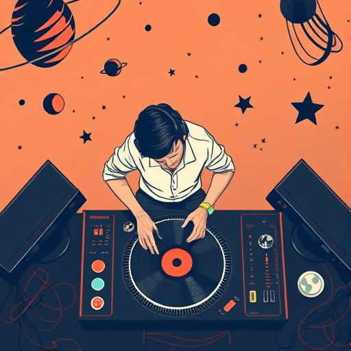 Create a high-quality illustration of a DJ mixing records with a minimalistic style, surrounded by a pattern of planets and stars, shot with a Canon EOS R5 at f/8, ISO 100, 50mm lens, top-down view, sharp focus, and vibrant contrast.