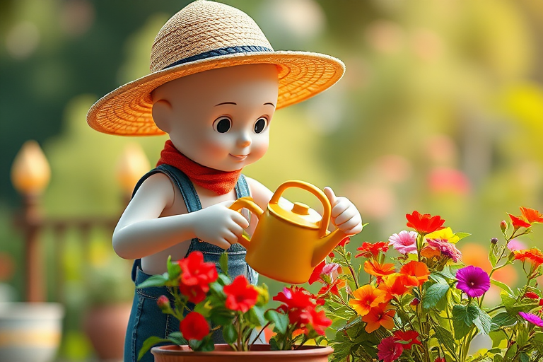 Create a 3D-rendered image of a humanoid figure wearing a straw hat, watering a pot of vibrant flowers, with a soft-focus background, using a Canon EOS R5 camera, 50mm lens, f/2.8 aperture, ISO 100, and natural lighting to enhance image quality.