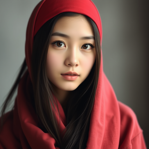 Create a portrait of a young Korean woman with long, dark hair and captivating hazel eyes. She is wearing a red headscarf and a matching scarf draped gracefully around her neck. The background is softly blurred, focusing attention on her serene and natural expression. The overall color palette is muted and warm, enhancing the intimate and authentic feel of the portrait.