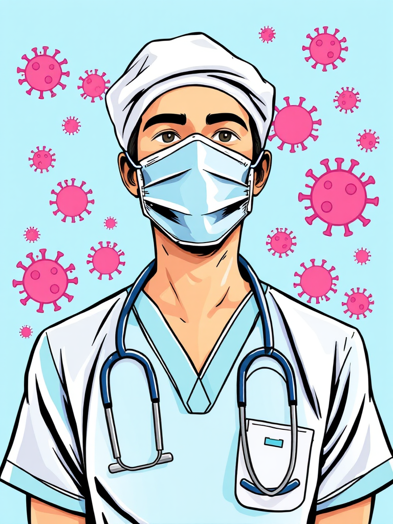 Create an illustration of a doctor wearing a mask and scrubs, surrounded by virus symbols, using a digital drawing style with bright colors, shot from a frontal view at high resolution, with a focus on clear lines and minimalistic background elements, enabled by a graphic tablet and stylus for enhanced detail and quality.
