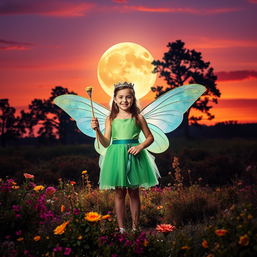 A vivid photo  taken under a bright camera flash of a fantastical scene set against a backdrop of a forest during sunset. The main subject is a girl dressed as a fairy, adorned with translucent wings and a green dress, holding a wand, her face is happy, and she wears a crown on her head. The forest behind her is a blend of flowers, shrubs and trees. The sky is painted in hues of orange and pink, with a large, glowing moon casting a warm glow over the scene. The overall color palette is dominated by earthy tones.