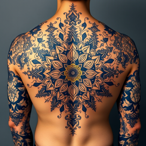 Ornate mandala tattoo covering the upper back and shoulders, incorporating intricate floral patterns and sacred geometry in deep blue and gold ink