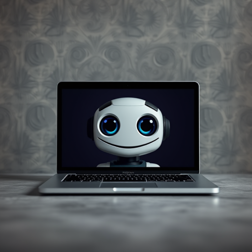 Create an image of a laptop displaying a friendly robot face with large expressive eyes, set against a textured grey background, using a Nikon D850 camera, 50mm lens, f/1.8 aperture, ISO 100, natural light, and a shallow depth of field for enhanced focus on the laptop and robot.