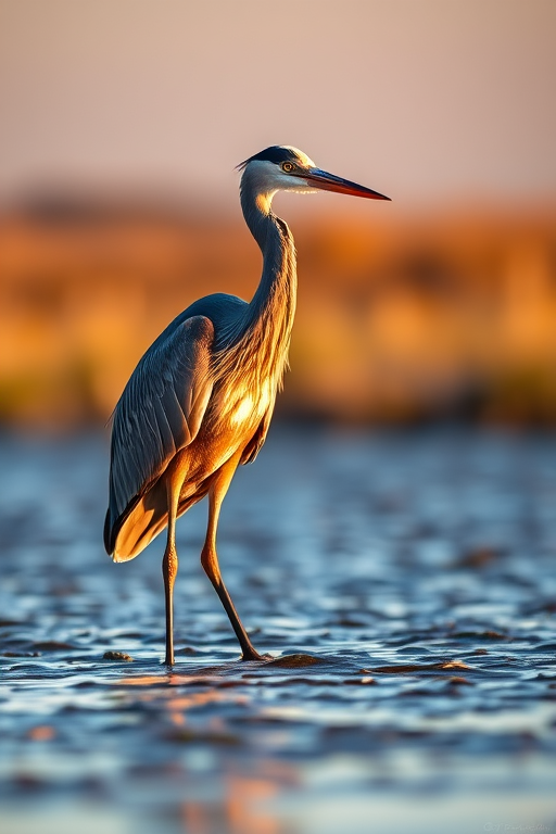 Capture a great blue heron standing in shallow water during golden hour, with a shallow depth of field, using a Canon EOS 5D Mark IV at f/4, ISO 100, and a shutter speed of 1/200 sec, focusing on sharp details of the bird against a blurred background.