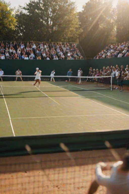 Blurry action shot of a tennis match in full swing, players poised at the net, soft sunlight illuminating the court and the energy of the crowd echoing in the background.