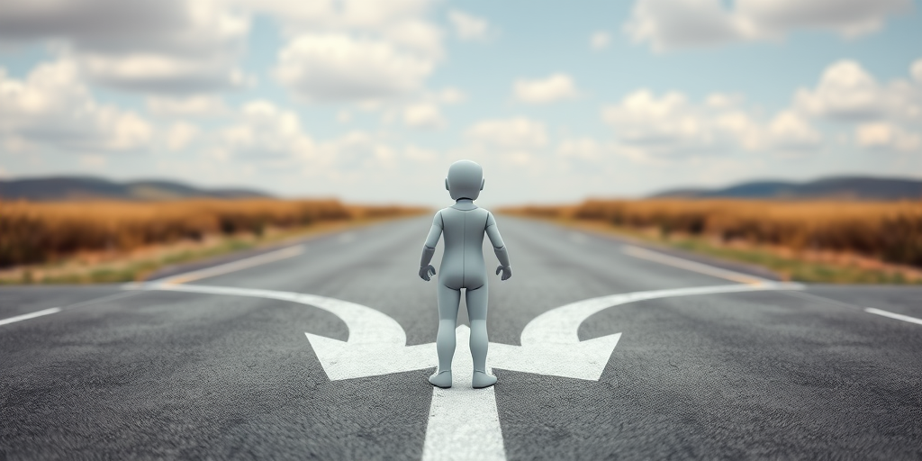 Create an image of a 3D humanoid figure standing at a fork in the road with three arrows pointing in different directions, captured with a Canon EOS R5, aperture f/4, ISO 100, 50mm lens, shot from a slightly elevated angle to enhance depth and clarity.