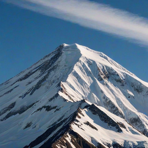 a majestic snow-capped mountain peak under a clear blue sky with wispy clouds surrounding the summit