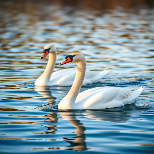 capture a serene image of two swans swimming gently in clear blue waters during golden hour with a shallow depth of field, focal length 85mm, aperture f/2.8, ISO 200, shutter speed 1/200s, using a DSLR camera with a 50mm lens, soft natural lighting, and a slight reflection on the water surface
