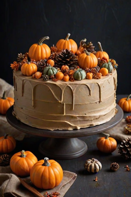 Create an image of a three-layer cake with smooth beige frosting, decorated with miniature pumpkins and gourds on top. Surround the cake with autumn-themed decorations like pinecones, small pumpkins, and natural elements, set against a dark background.