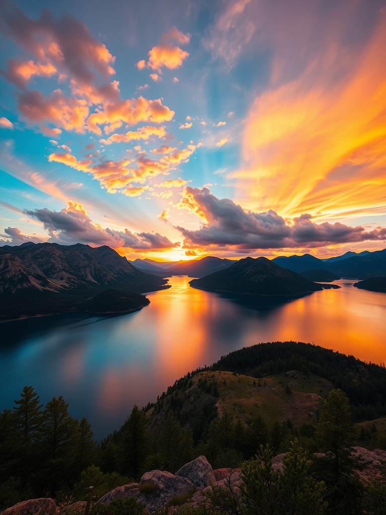 Create a vibrant sunset over a serene lake surrounded by mountains, reflecting colorful clouds, captured with a DSLR camera at f/11, ISO 100, 1/125s, landscape view, using a wide-angle lens.