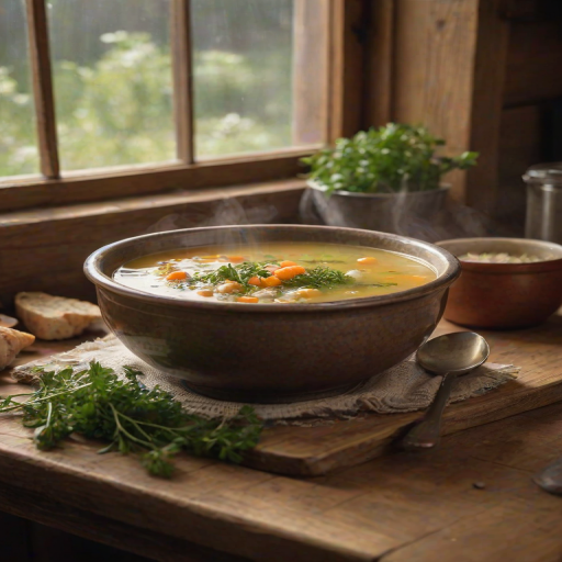 Close-up of a steaming bowl of homemade soup on a wooden table, soft natural light from a nearby window illuminating the rustic kitchen, with fresh herbs scattered nearby and a cozy atmosphere filling the space.