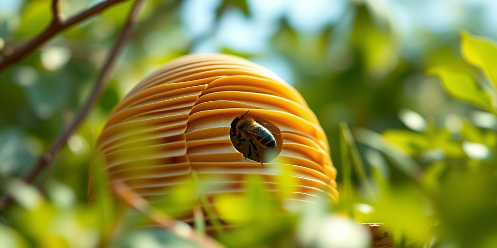Create a detailed illustration of a beehive with smooth curves and distinct layers, using a soft focus lens with an aperture of f/8 for deeper depth of field, shot from a low angle to emphasize its height, using a high-resolution DSLR camera at 24mm focal length.