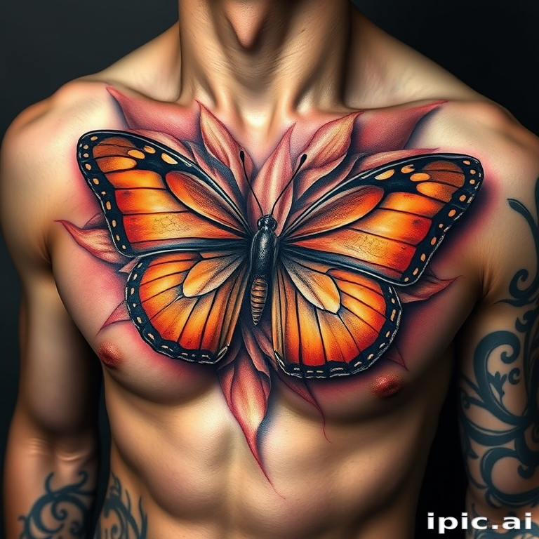 Realistic 3D tattoo entitled "Living Canvas" depicting a hyper-realistic butterfly emerging from the skin, complete with lifelike textures, shadows, and depth, suitable for shoulder or chest placement