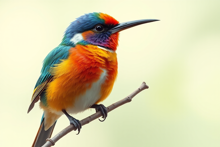 Illustration of a colorful bird perched on a twig, using a DSLR camera with a 50mm lens, f-stop of 2.8, ISO 200, natural lighting, high-resolution, close-up view, vibrant colors and fine details.
