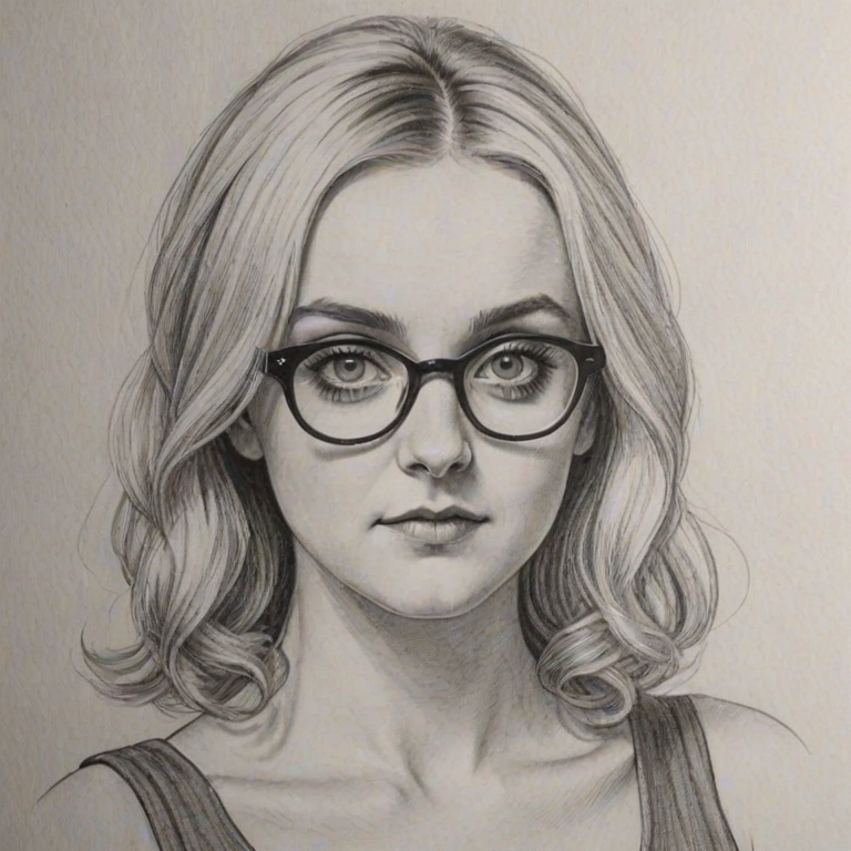 Alluring Evanna Lynch, pencil sketch, portrait of Bewitching woman 1964s in glasses, hair style beatnik, outline, clear lines, fine lines, 8k