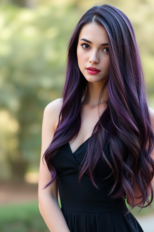 Create an image of a woman with long purple hair wearing a black dress, shot in high resolution with a DSLR camera, using a 50mm lens at f/1.8, ISO 100, and a shallow depth of field, with soft natural lighting and a portrait view.