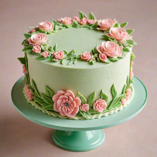 Create an image of a beautifully decorated cake being piped with pastel green and pink frosting. The cake has two layers and features a decorative border of leaves and flowers on top. The setting is soft and inviting, with a light background and a hint of floral elements nearby.