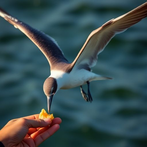 Capture a close-up shot of a seabird in mid-flight, with its wings fully spread, reaching towards a hand holding a piece of food, using a Nikon D850 at f/4, 1/2000s, ISO 400, with a 70-200mm lens, natural light, and a shallow depth of field for a crisp background.