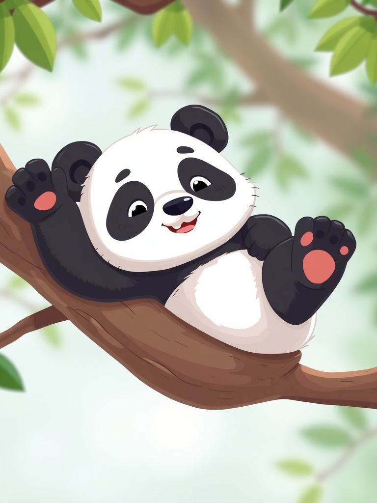 Create a cute cartoon panda playfully lounging on a tree branch with a cheeky expression, captured in high resolution with a DSLR camera at f/2.8, ISO 100, 50mm lens, shallow depth of field, vibrant colors, and a playful angle.