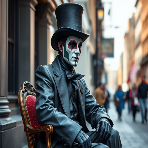 Create an image of a statue-like street performer in a top hat and painted attire sitting on a chair in an urban setting, using a 50mm lens, f/1.8 aperture, ISO 200, and natural lighting for a soft focus effect, capturing a close-up view to enhance details and texture.