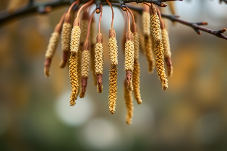 Capture a close-up shot of hanging catkins from a tree, using a DSLR camera with a 50mm lens, aperture f/2.8 for a shallow depth of field, ISO 200, and a shutter speed of 1/200s, focusing on the texture and colors of the catkins against a softly blurred background.