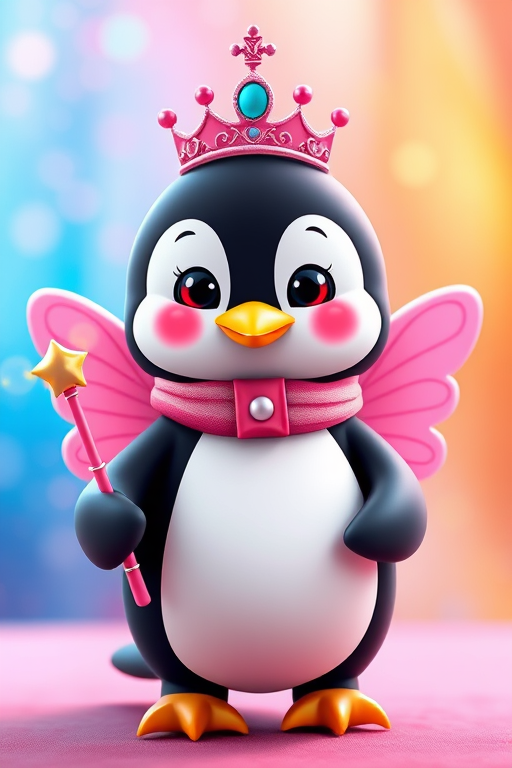 A whimsical cartoon penguin with pink fairy wings wearing a tiara and holding a magic wand, against a bright, colorful background, captured in high resolution using a DSLR camera with a 50mm lens, f/1.8 aperture, 1/200 sec shutter speed, and natural lighting for vibrant colors.