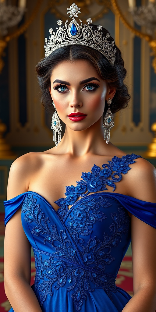 A gorgeous woman in a luxurious blue gown, accessorized with a dazzling tiara and statement earrings, her deep blue eyes highlighted by impeccable makeup, poised in a royal setting, photorealistic, 8K quality