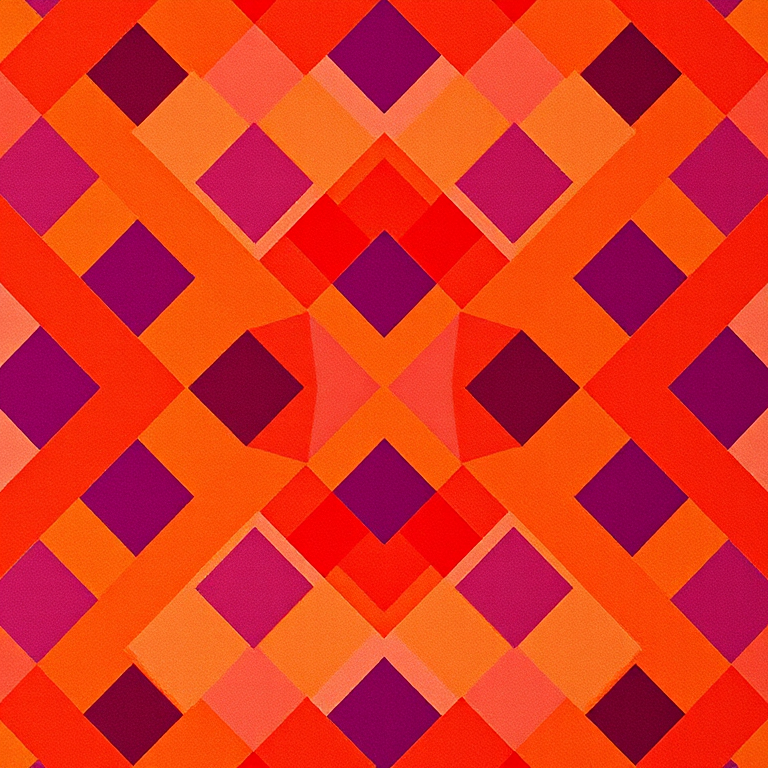 Create a vibrant geometric pattern with alternating diamonds in shades of red, orange, purple, and yellow, using a DSLR camera with a 50mm lens, aperture set to f/1.8, ISO 100, and focus mode set to manual for sharp details, capturing from a top-down view.