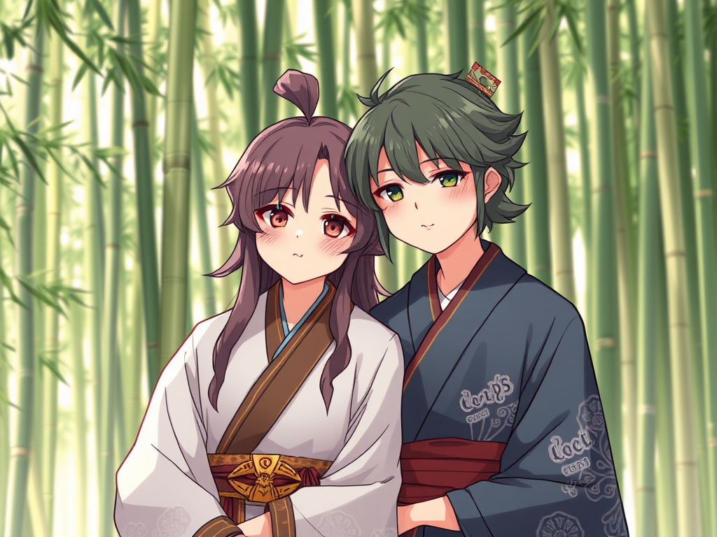 Regenerate a detailed illustration of two characters in traditional clothing standing close together with a natural background of bamboo, using a Canon EOS R5 camera at f/2.8 aperture, 50mm lens, and a soft focus style for a dreamy effect.