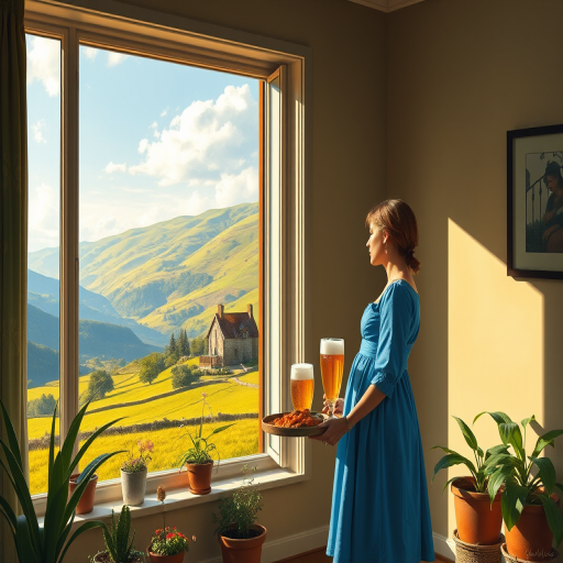 In "A Glass of Beer on the Highland," a serene scene is depicted in a sunlit room where a woman in a vibrant blue dress stands by a large window. She holds a tray with a hearty meal and a frothy glass of beer, embodying a moment of relaxation. Outside, the breathtaking highland landscape features rolling green hills and a charming traditional house, all bathed in warm afternoon light. The interior is adorned with potted plants, creating a harmonious blend of comfort and nature. The painting beautifully captures the tranquility and joy found in simple pleasures amidst stunning scenery