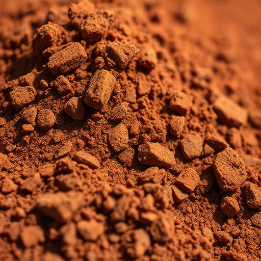 Create a realistic illustration of a pile of reddish-brown soil with varying textures and shades, taken with a Canon EOS R5 at f/4, ISO 100, 50mm lens, in bright daylight, focusing on macro details to enhance visual quality.