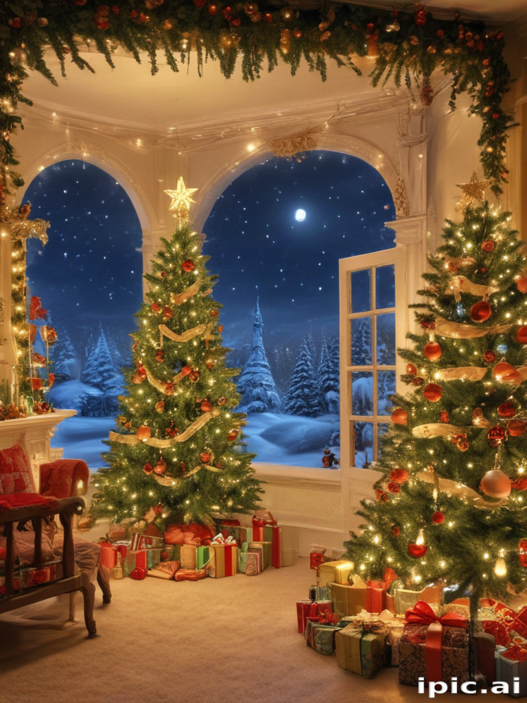 Cozy Christmas Living Room with Festive Trees and Snowy Window View