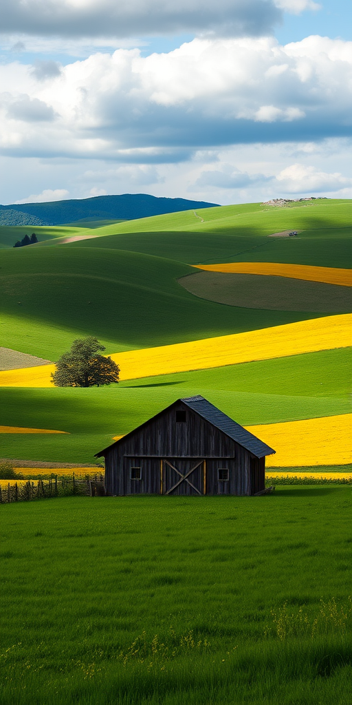 Landscape of rolling hills with vibrant green and yellow fields, a rustic barn in the foreground under a partly cloudy sky, taken with a DSLR camera, 50mm lens, aperture f/8, ISO 100, slight vignette, soft lighting, high dynamic range.