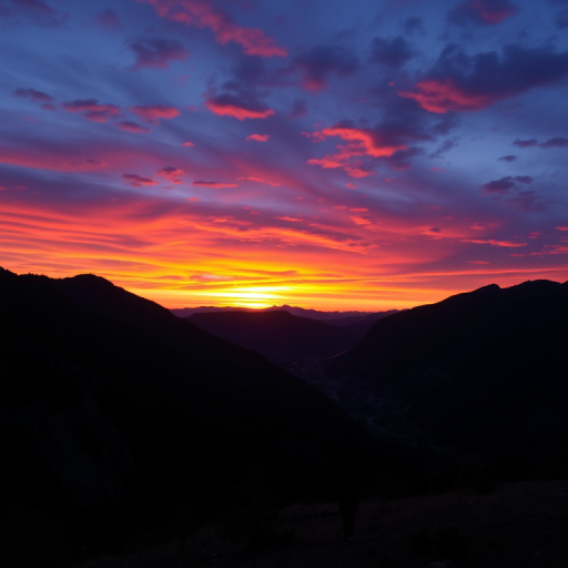 Generate a high-resolution image of a sunset over a mountainous landscape with vibrant colors, using a DSLR camera with a 50mm lens, aperture set to f/8, ISO 200, in a landscape orientation, capturing details in both the shadows and highlights.