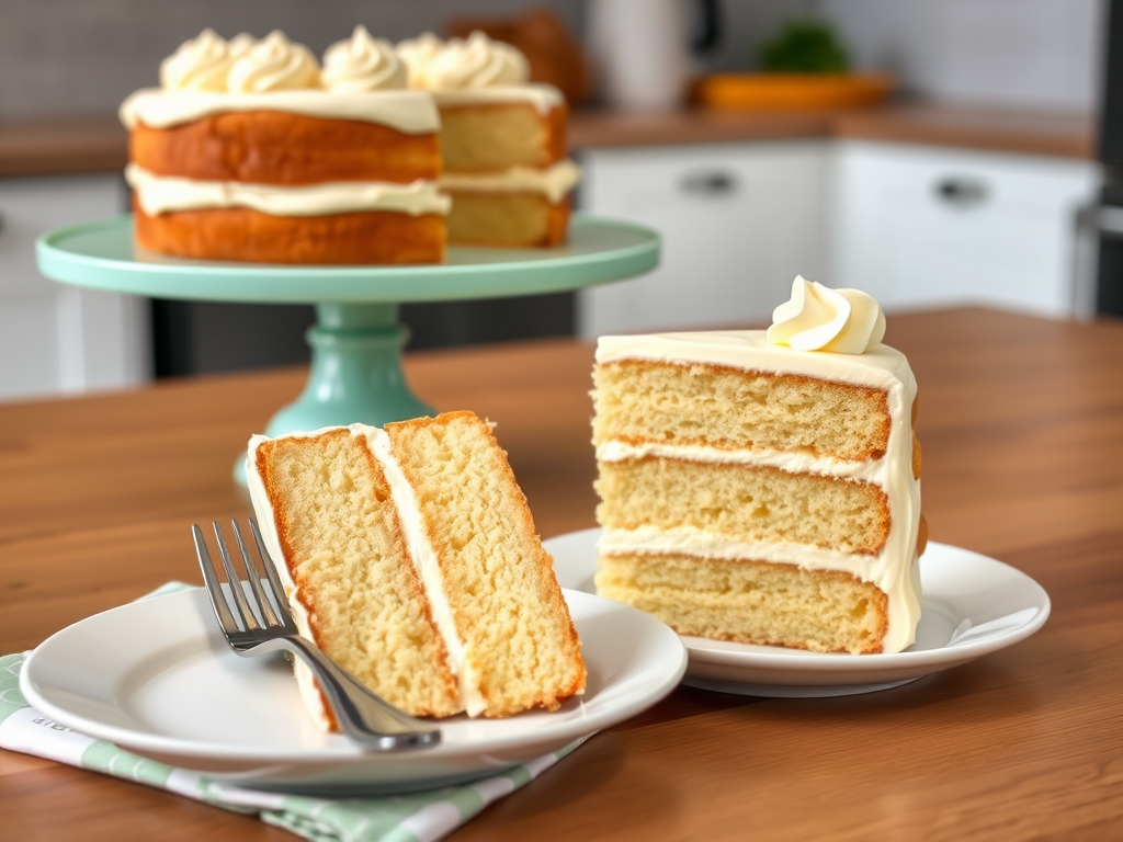 A slice of layered vanilla cake with creamy frosting on a white plate next to a fork and a patterned napkin, with a whole cake displayed on a mint green cake stand in the background, set against a modern kitchen backdrop.