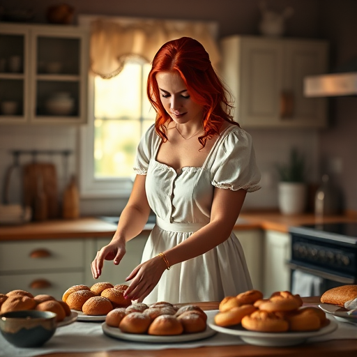 Soft, warm lighting in a cozy kitchen with a red-haired woman in a white dress arranging pastries on a table, captured with a Canon EOS R5, 50mm lens, f/1.8, ISO 100, natural light, shallow depth of field, high dynamic range.