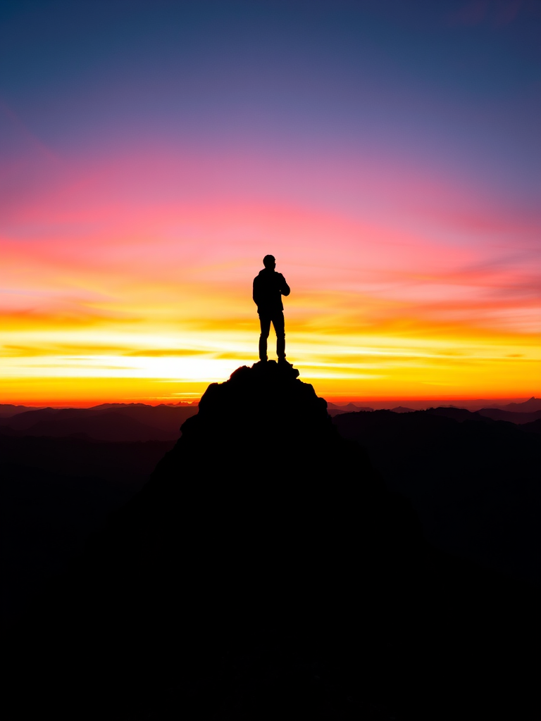Generate a high-resolution image of a silhouette of a person standing on a mountain peak during sunset, using a DSLR camera, 50mm lens, aperture f/1.8, ISO 100, shutter speed 1/200s, captured from a low angle to emphasize the peak's height and the vibrant colors of the sunset in the background.