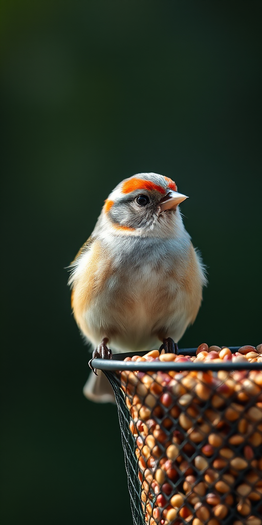 Capture a close-up of a small bird perched on a mesh feeder filled with seeds, with a dark blurred background, using a Canon EOS R5 camera, 100mm lens, f/2.8 aperture, 1/500s shutter speed, ISO 200, in natural light to enhance sharpness and detail.