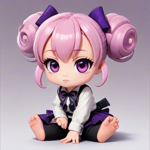 chibi, pink hair, purple eyes, hair bun, hair bow, no humans, white skin, four legs, solid circle eyes, no pupils,