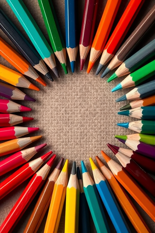 Colorful circular arrangement of sharpened colored pencils around a blank textured surface, high resolution, f/8, ISO 100, 50mm lens, top-down view, studio lighting, digital photography.