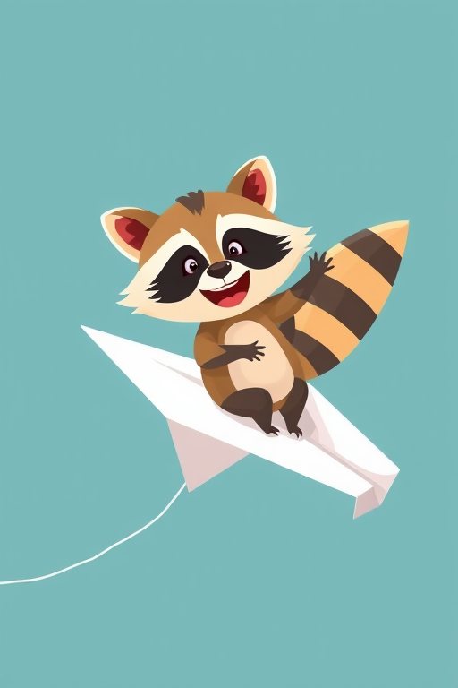 Create a whimsical illustration of a happy raccoon character joyfully riding on a large white paper airplane, with bright colors and a playful style, using a DSLR camera with a 50mm lens at f/2.8, ISO 100, and a 1/200 sec shutter speed for enhanced clarity and detail.