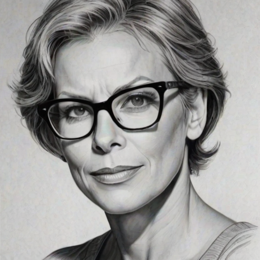 Superb Jamie Lee Curtis, pencil sketch, portrait of Magnificent woman 1947s in glasses, hair style beatnik, outline, clear lines, fine lines, 8k