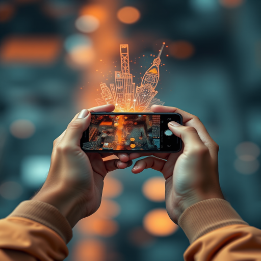 Create a high-resolution image of two hands holding a smartphone with a futuristic cityscape emerging from the screen, using a Canon EOS R5 camera at f/1.4 aperture, ISO 100, 1/125 sec exposure, and a wide-angle lens with a macro setting for detailed close-up focus.