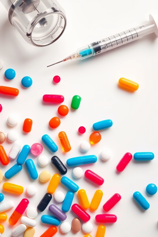 Generate a high-quality image of various colorful capsules and pills scattered on a clean surface with a syringe and spoon in the background, using a DSLR camera, 50mm lens, f/2.8 aperture, 1/125 shutter speed, and ISO 100, top-down view, natural lighting.