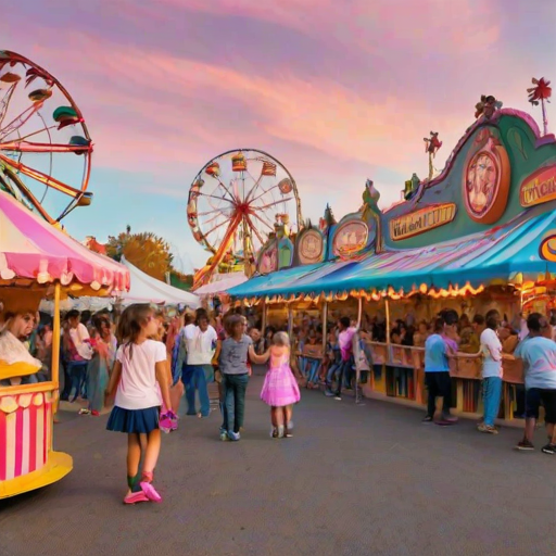 Colorful carnival, with rides whirling in the background, children laughing, and cotton candy stands bustling, creating a sense of childhood joy and excitement.