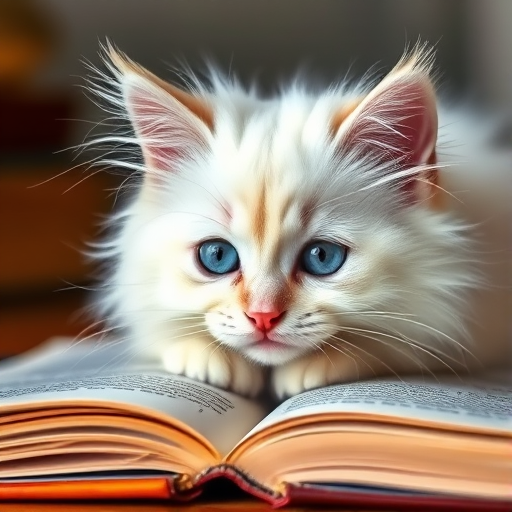 A fluffy white cat with striking blue eyes resting on an open book with blurred background details, showcasing its adorable features and soft fur.