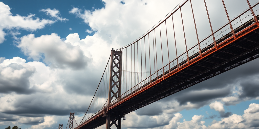 capture a detailed shot of a suspension bridge with dramatic clouds in the background, use a DSLR camera at f/8, ISO 200, 1/250 sec, 24mm wide-angle lens, focus on the bridge structure while maintaining a slightly blurred background to enhance depth