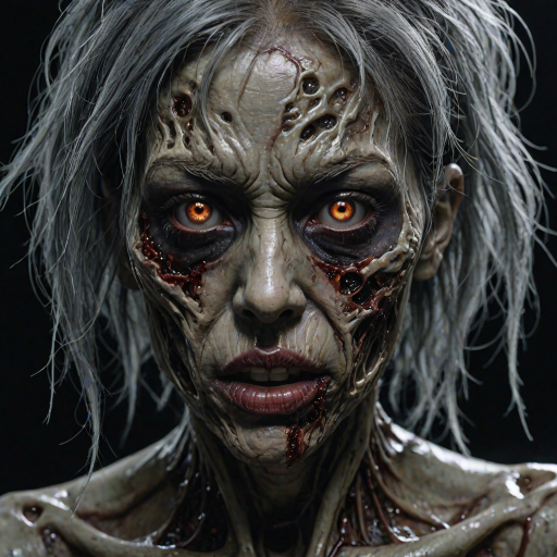(perspective) of A creepy (ethnicity) zombie cyborg with (descriptive color) skin, (color) lipstick (color) liquid flowing from her eyes and mouth, (perspective two) portrait, (camera angle), extremely detailed, (art style) in the style of Yoshitaka Amano and Tetsuo Hara. --ar 85:128 --style raw --niji 6