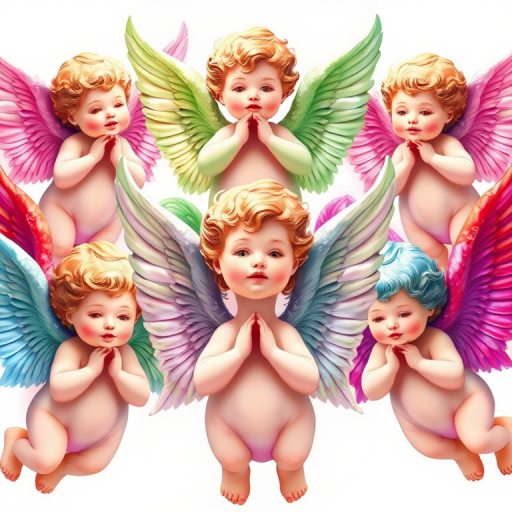 Create a vibrant, high-resolution illustration of nine cherubic angels in different colors (pink, green, red, blue, purple) with detailed wings, using a DSLR camera set to f/8, ISO 100, 1/200 sec, from a straight-on view to capture the essence and detail of each angel in a soft, natural light.