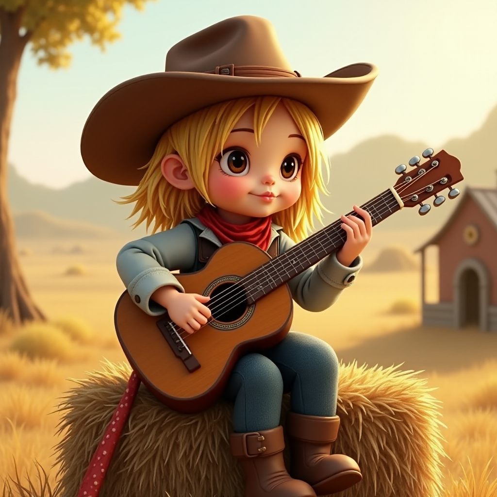 A chibi angelina jolie, dressed as a cowboy, playing guitar, sitting on a hay bale